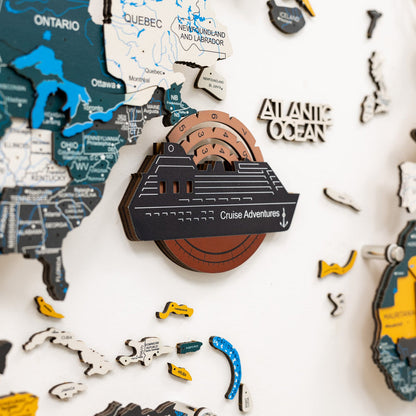 Travel Tracker Cruise Liner 3D Colored Wooden World Map - Rustic