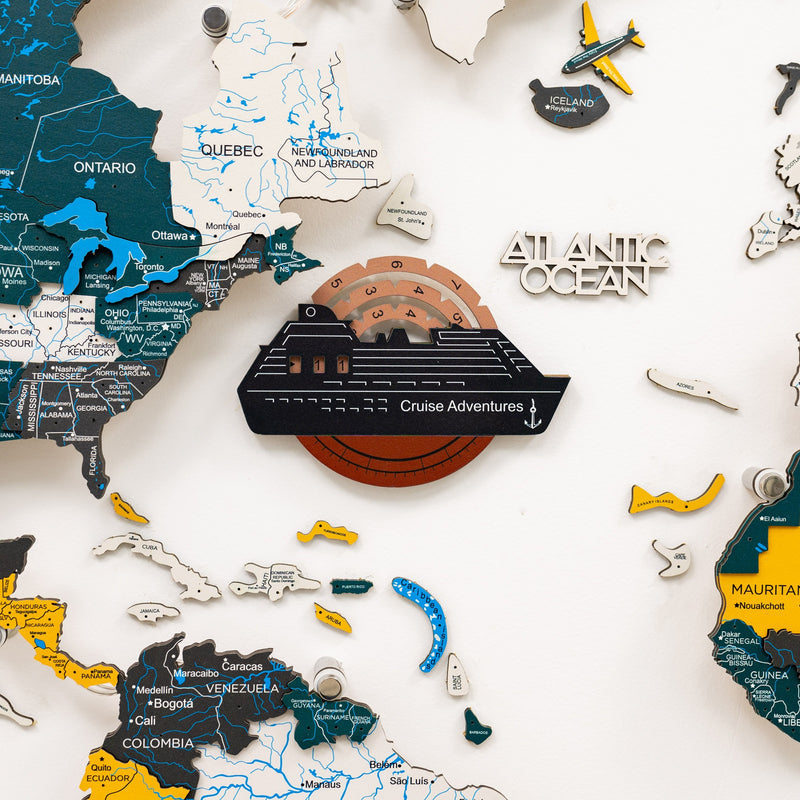 Travel Tracker Cruise Liner 3D Colored Wooden World Map - Rustic