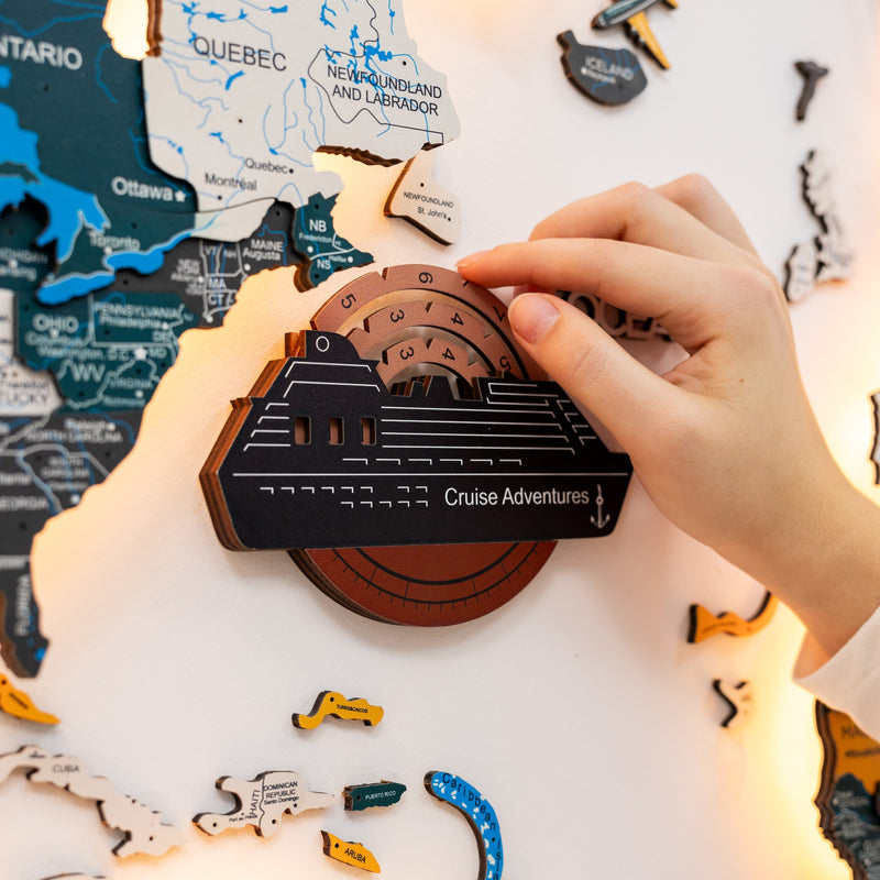 Travel Tracker Cruise Liner 3D Colored Wooden World Map - Rustic