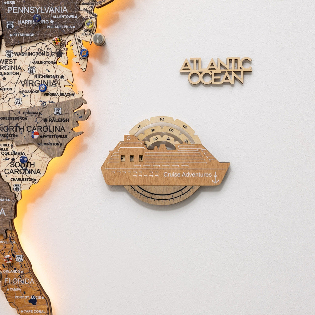 Travel Tracker Cruise Liner 3D Colored Wooden World Map - Smokey
