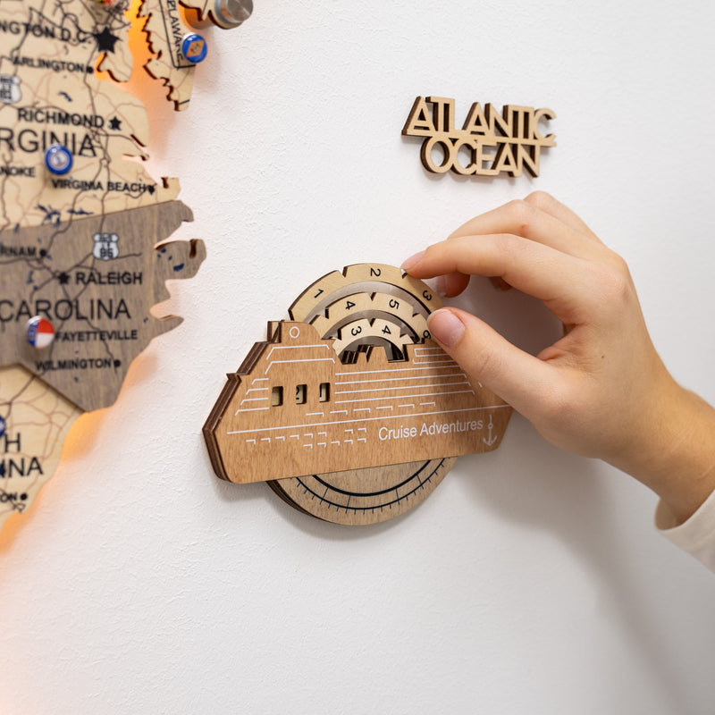 Travel Tracker Cruise Liner 3D Colored Wooden World Map - Smokey