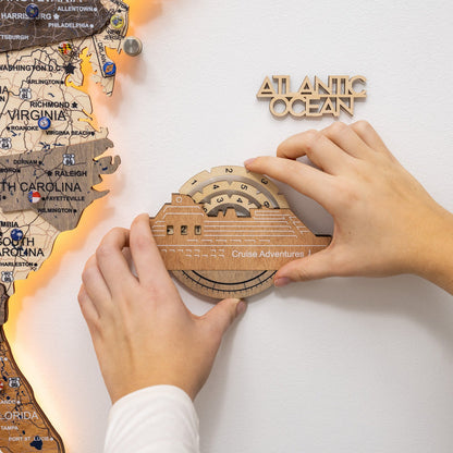 Travel Tracker Cruise Liner 3D Colored Wooden World Map - Smokey