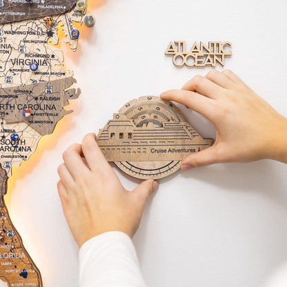 Travel Tracker Cruise Liner 3D Colored Wooden World Map - Terra