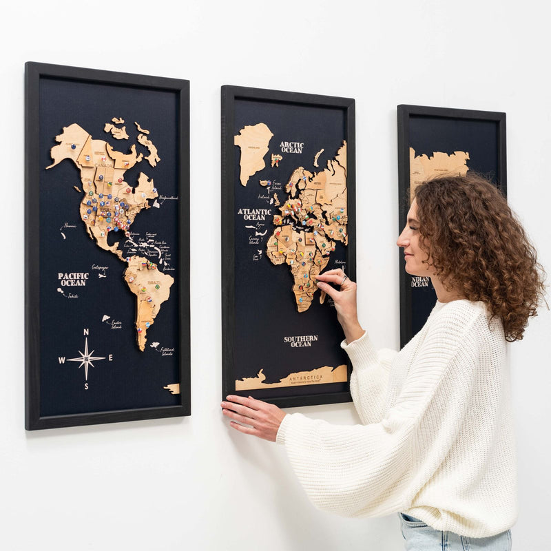 3D Wooden Triptych World Map Gold