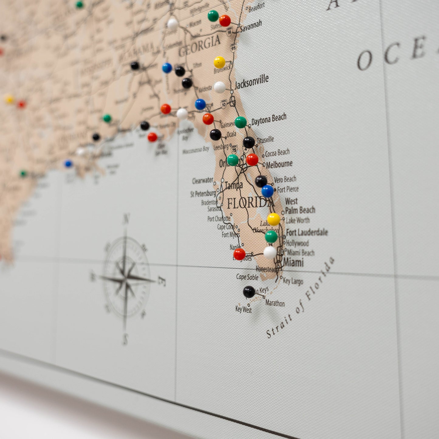 Map of Florida with colorful pins marking locations