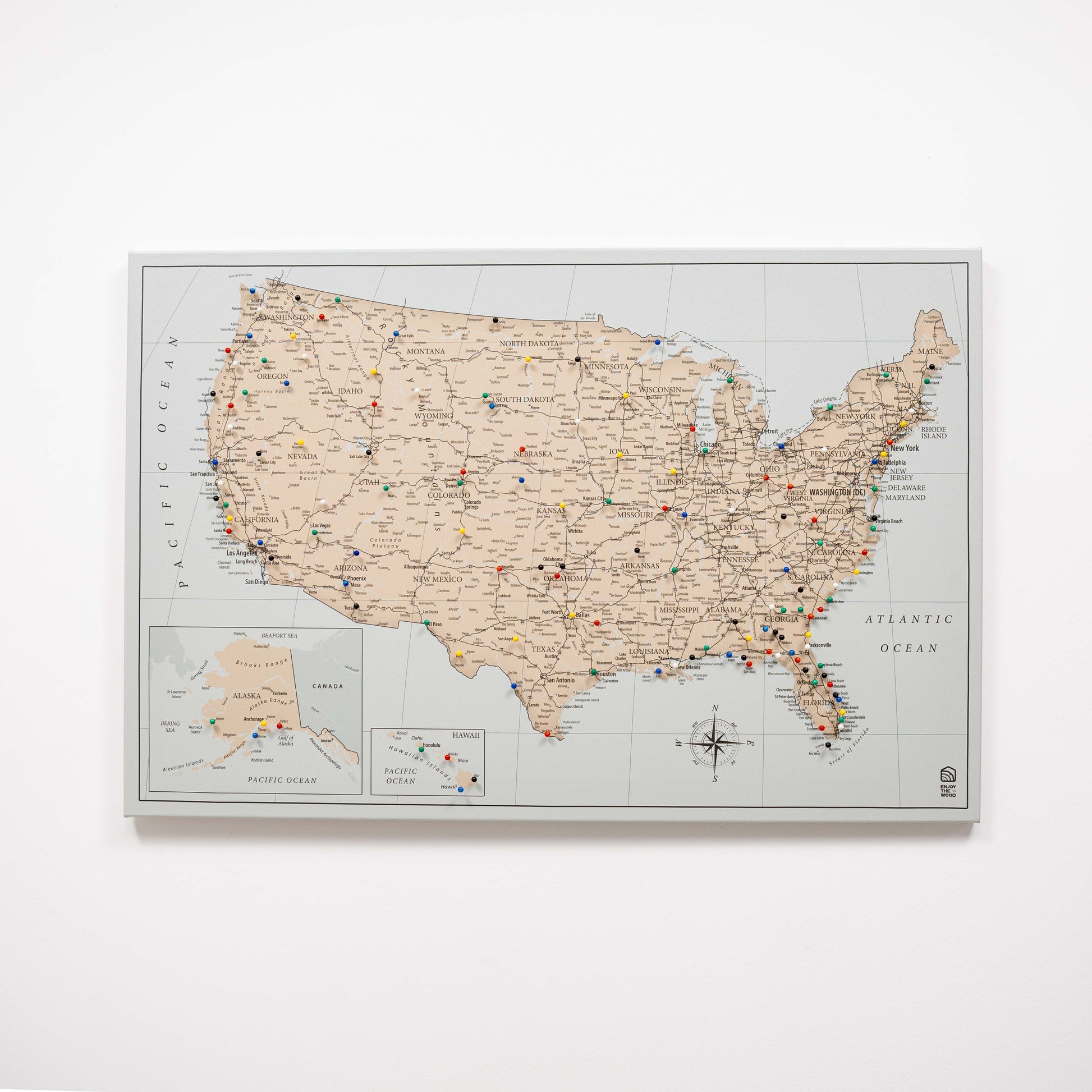 Map of the United States with pins on a white background