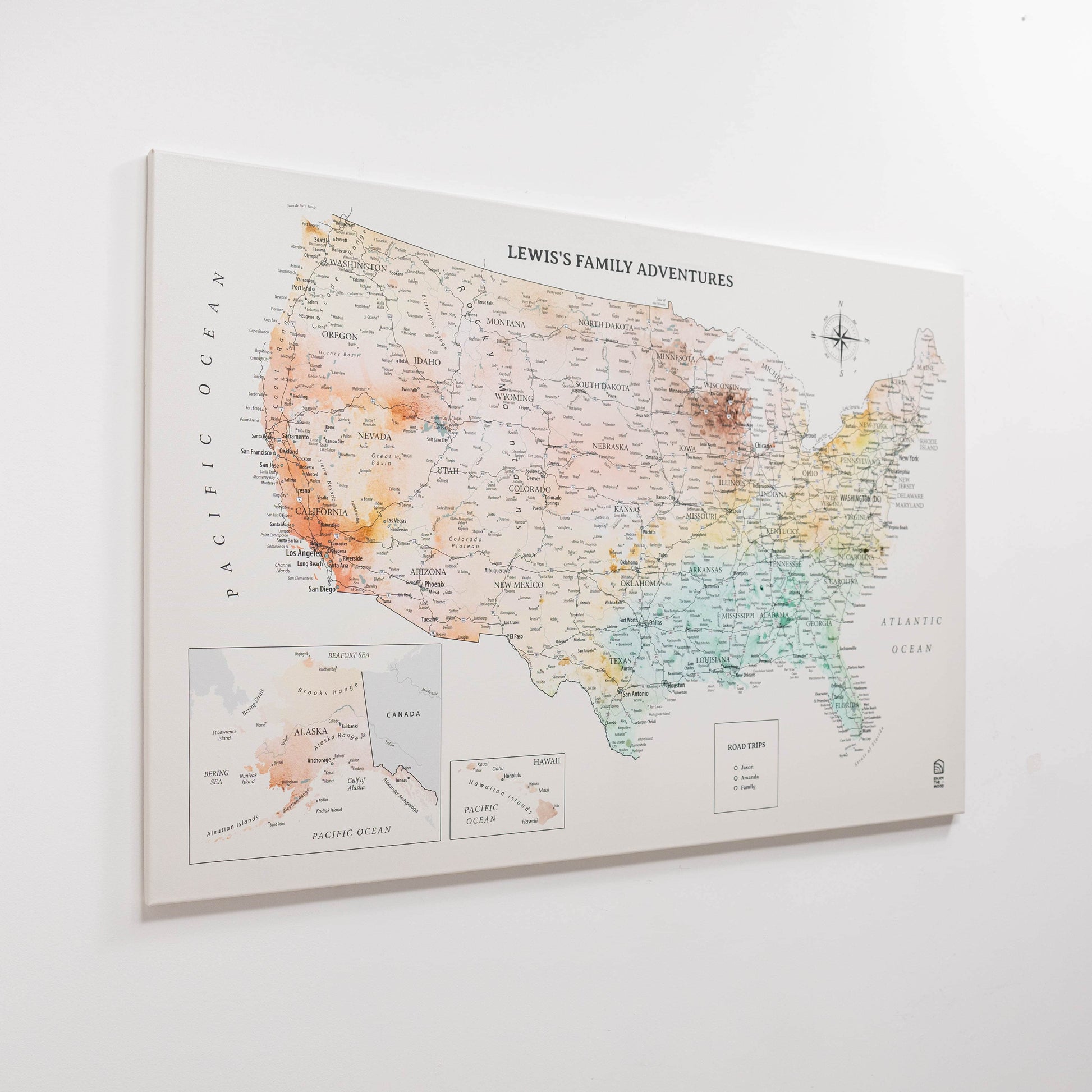 World map with inset of North America on a light gray background