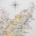 Map of the northeastern United States with a compass rose, showing states like New York, Pennsylvania, and Virginia.