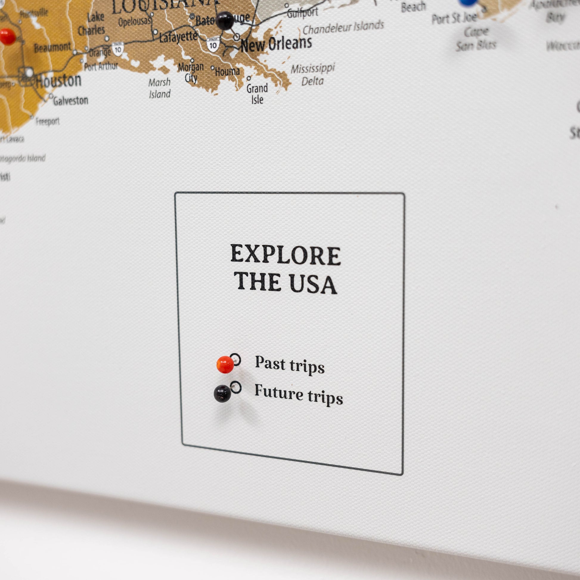 Map of Louisiana with a button labeled 'Explore the USA' and options for past and future trips.