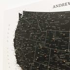 Map of the United States with pins marking locations, on a white background.