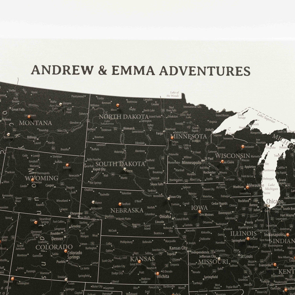 Map of the United States with pins and 'Andrew & Emma Adventures' text