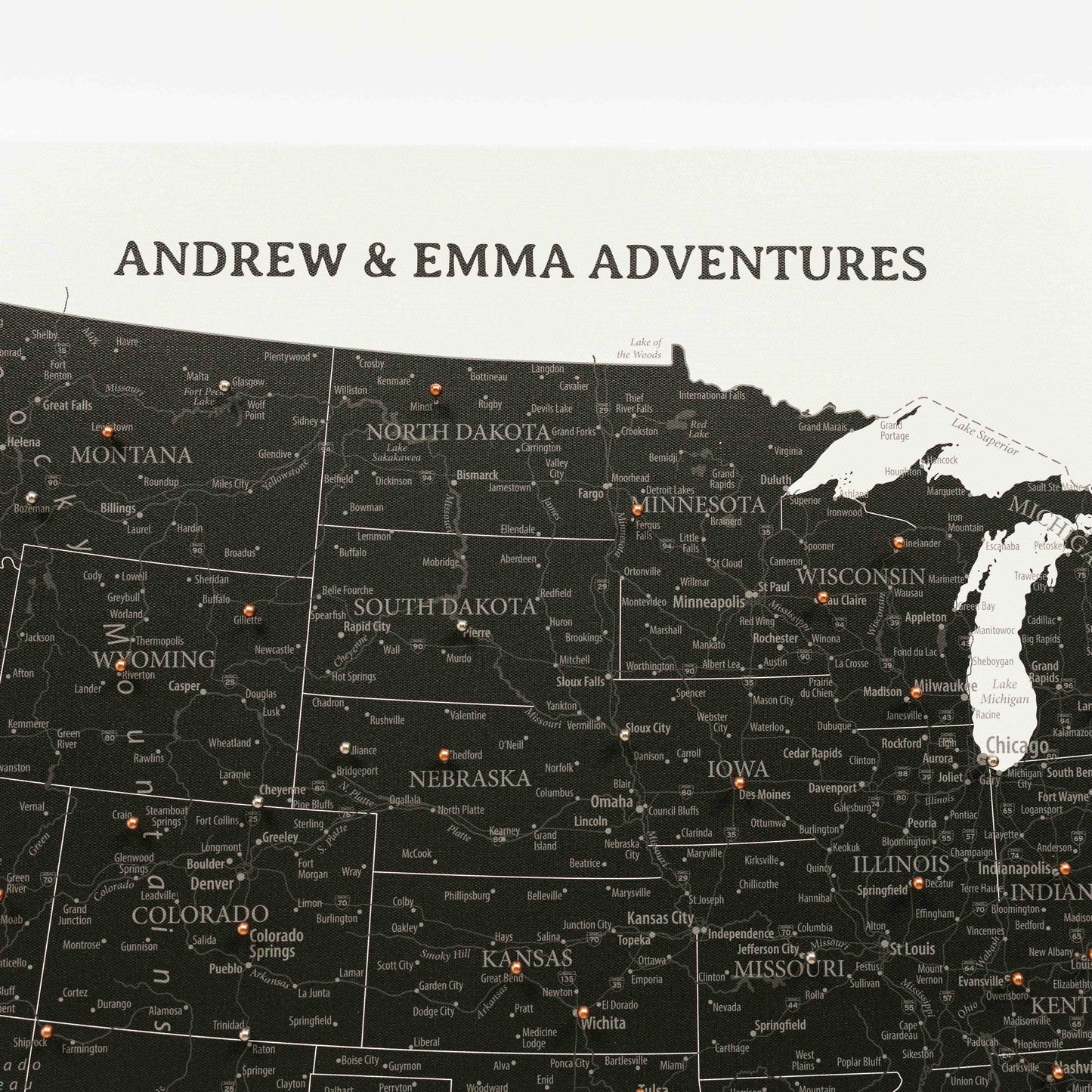 Map of the United States with pins and 'Andrew & Emma Adventures' text