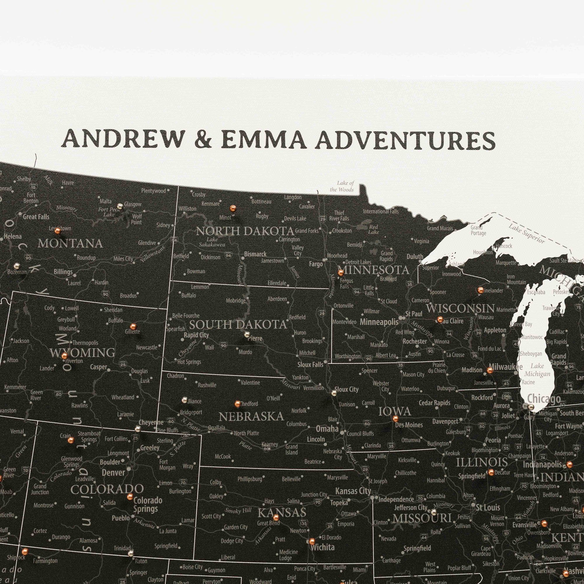 Map of the United States with pins and 'Andrew & Emma Adventures' text