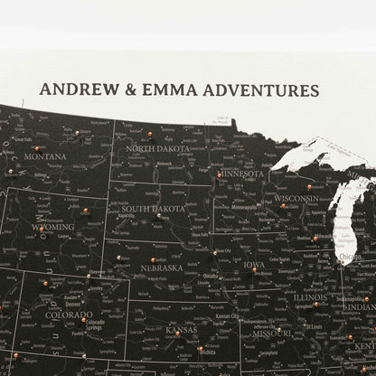 Map of the United States with pins and 'Andrew & Emma Adventures' text