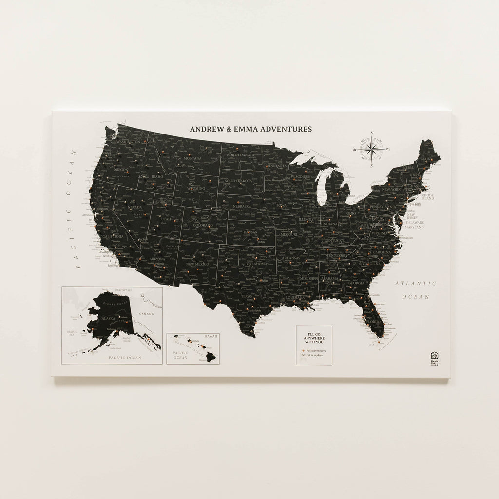 Map of the United States with Alaska and Hawaii, branded 'Andrew & Emma Adventures', on a white background.