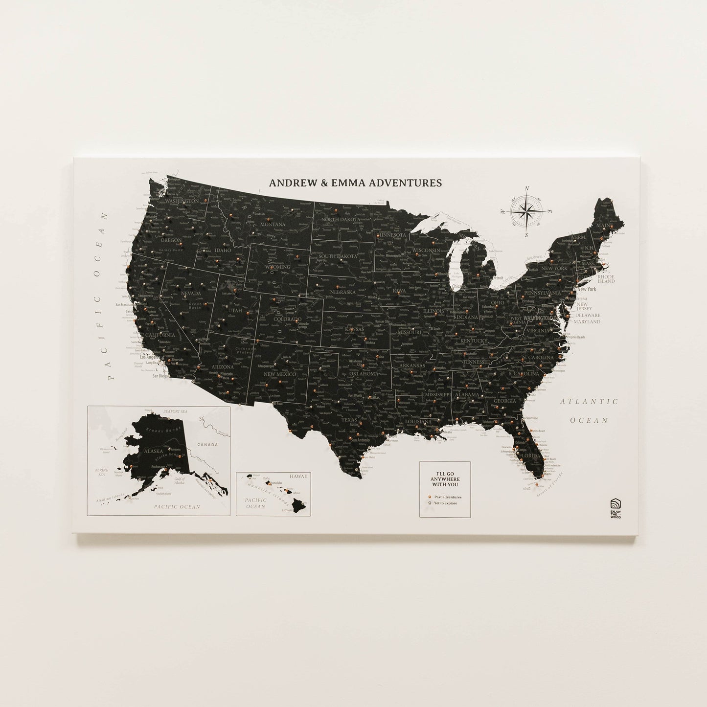 Map of the United States with Alaska and Hawaii, branded 'Andrew & Emma Adventures', on a white background.