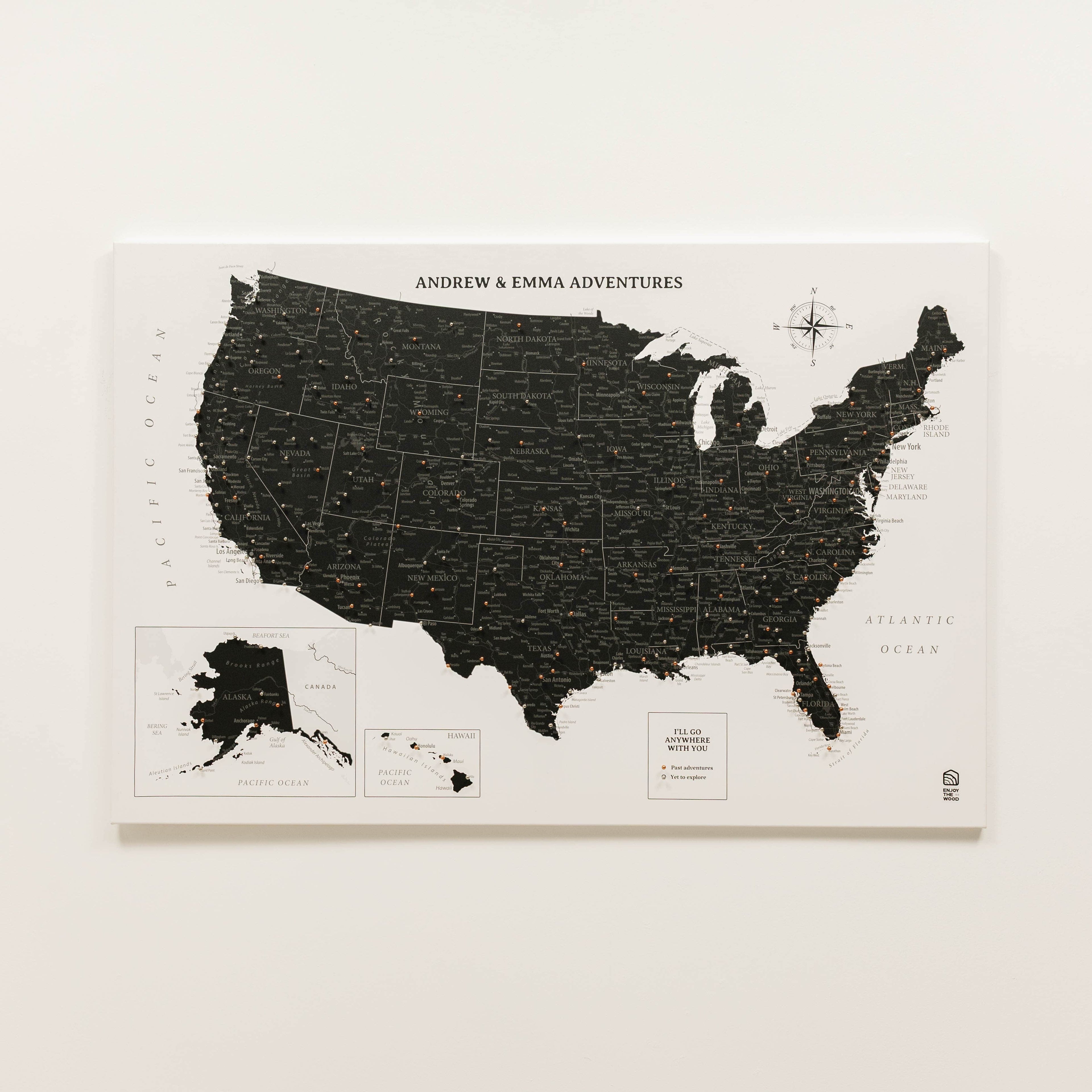 Map of the United States with Alaska and Hawaii, branded 'Andrew & Emma Adventures', on a white background.