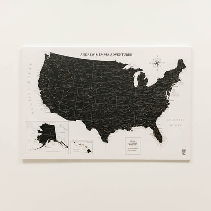 Map of the United States with Alaska and Hawaii, branded 'Andrew & Emma Adventures', on a white background.