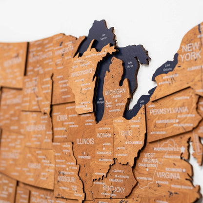 Wooden 3d Map of USA - Oak