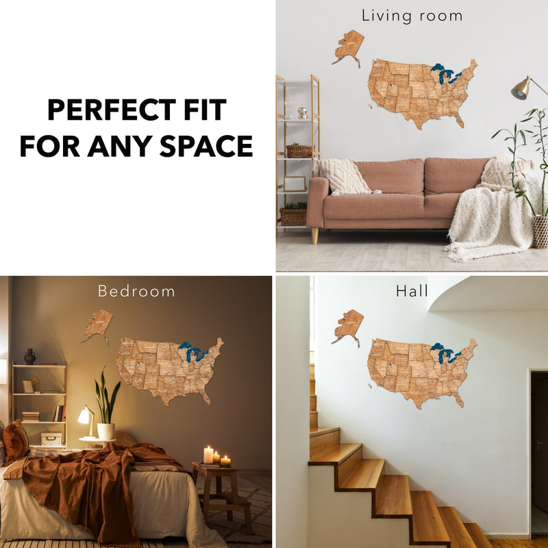 Wooden 3d Map of USA - Oak