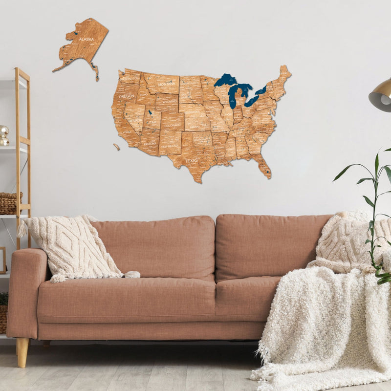 Wooden 3d Map of USA - Oak