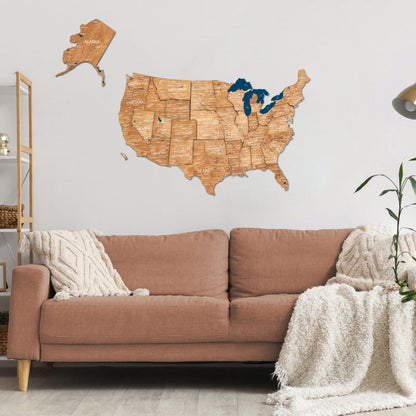 Wooden 3d Map of USA - Oak