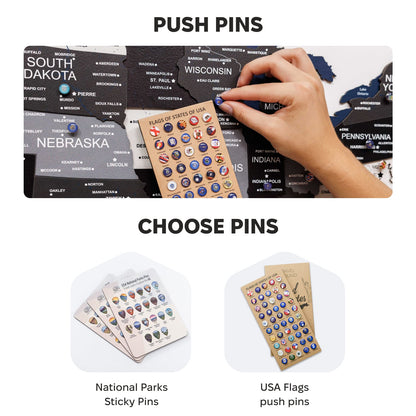 Product display with push pins and sticky pins, including a hand interacting with a map.