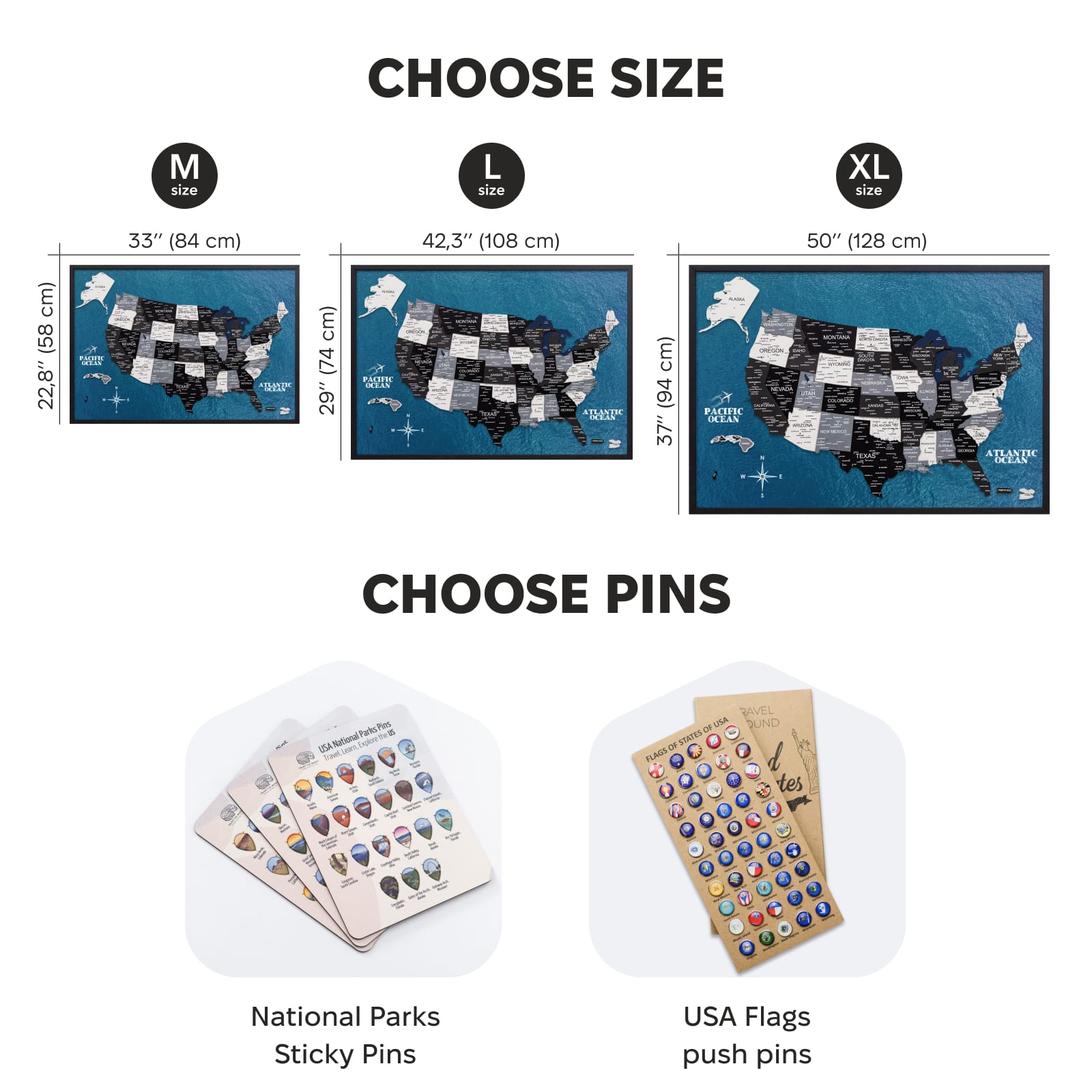 Map of the United States with customizable size and pin options displayed.