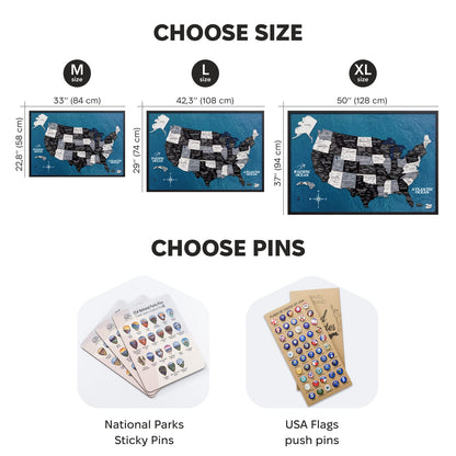 Map of the United States with customizable size and pin options displayed.