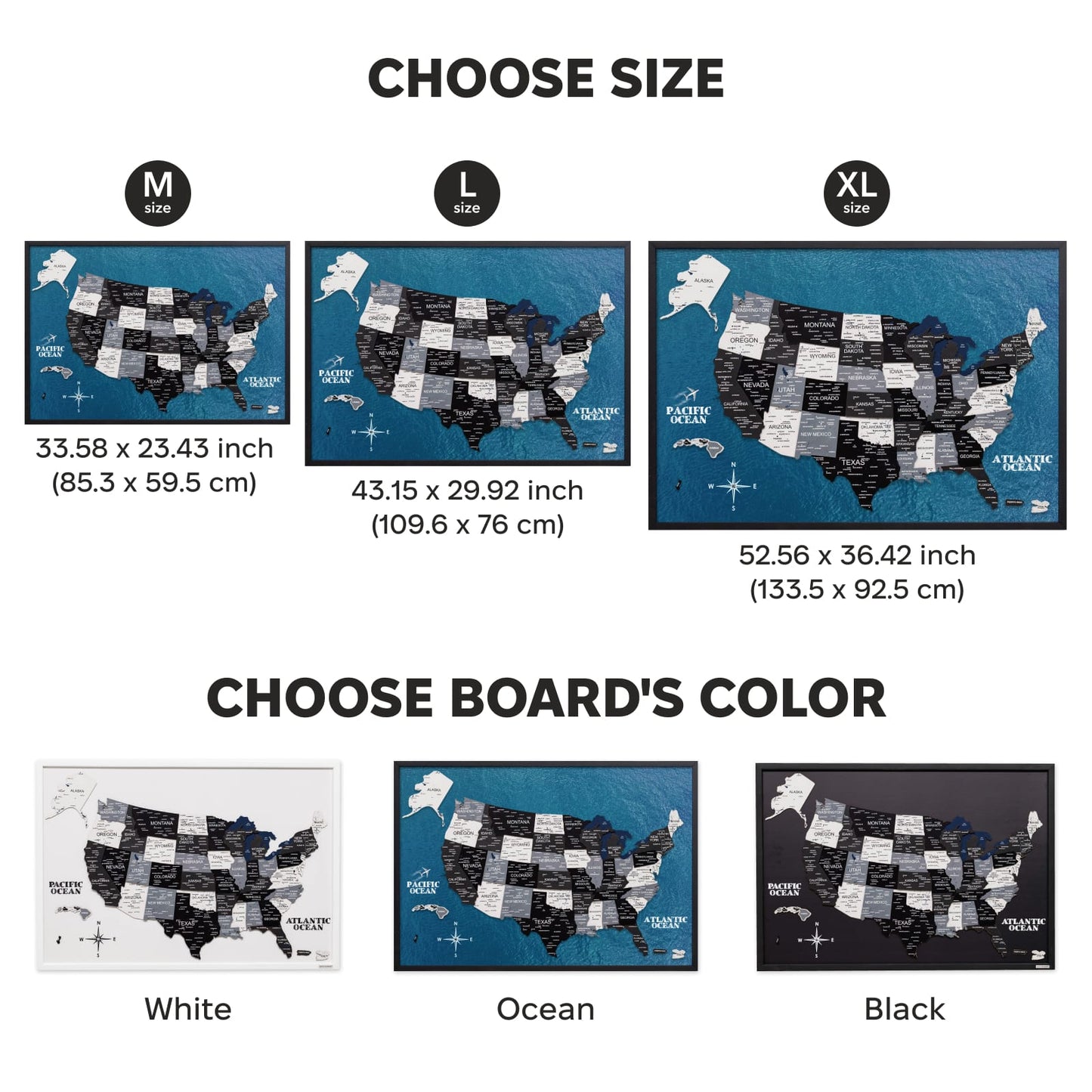 Map of the United States with color and size options displayed.