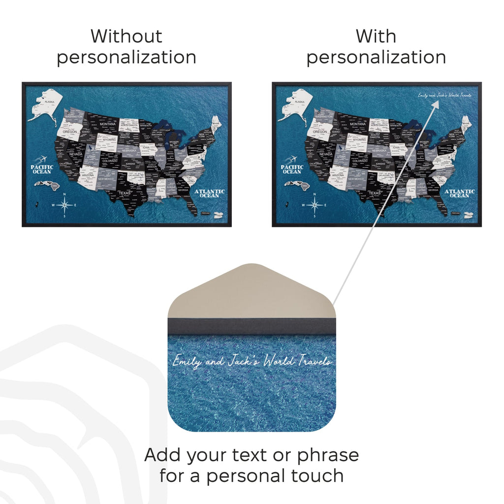 Comparison of a map of the United States without and with personalization text, featuring a decorative envelope.