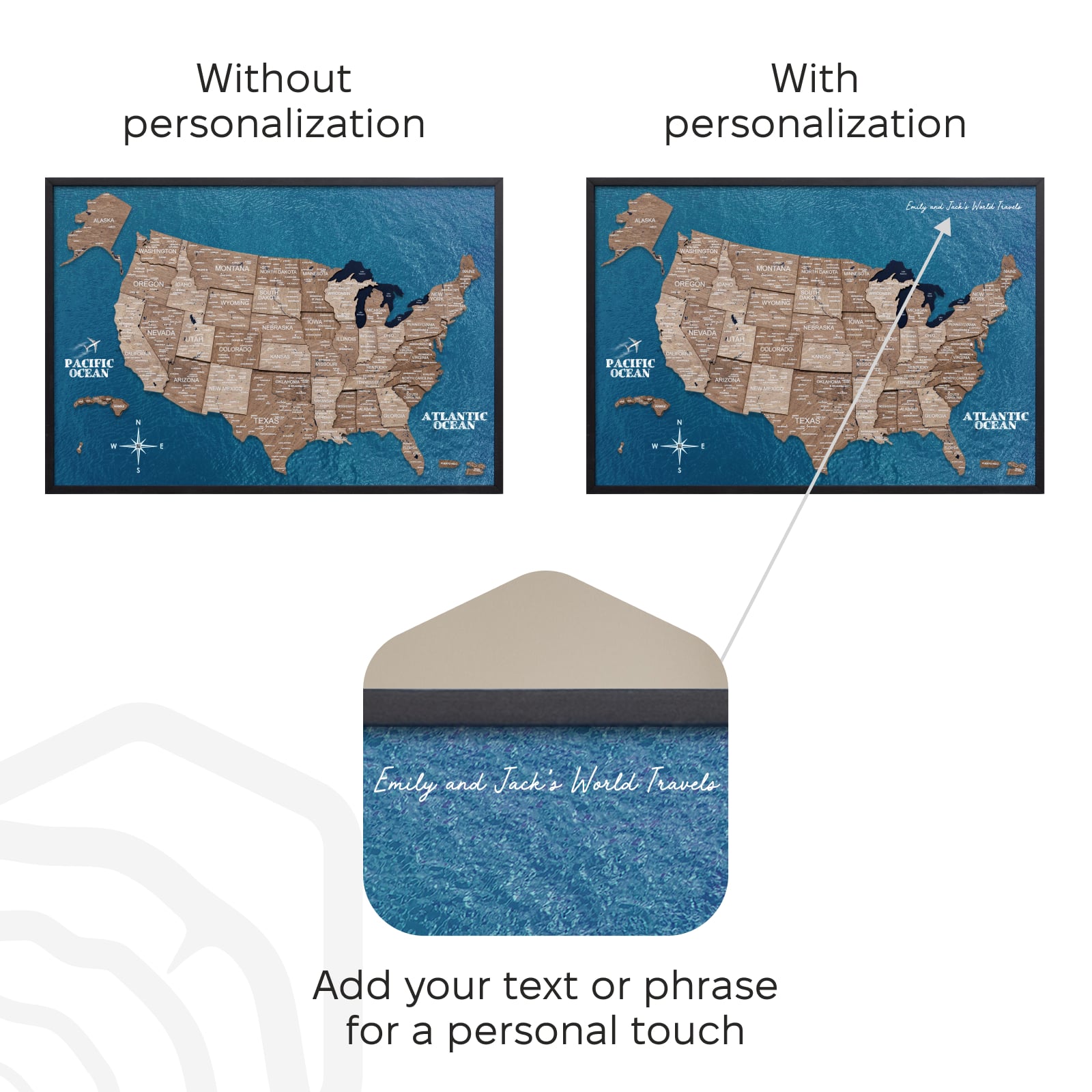 Comparison of a map without personalization and with personalization, featuring a customizable envelope.