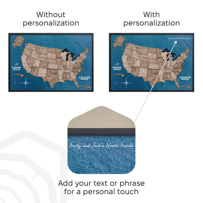 Comparison of a map without personalization and with personalization, featuring a customizable envelope.