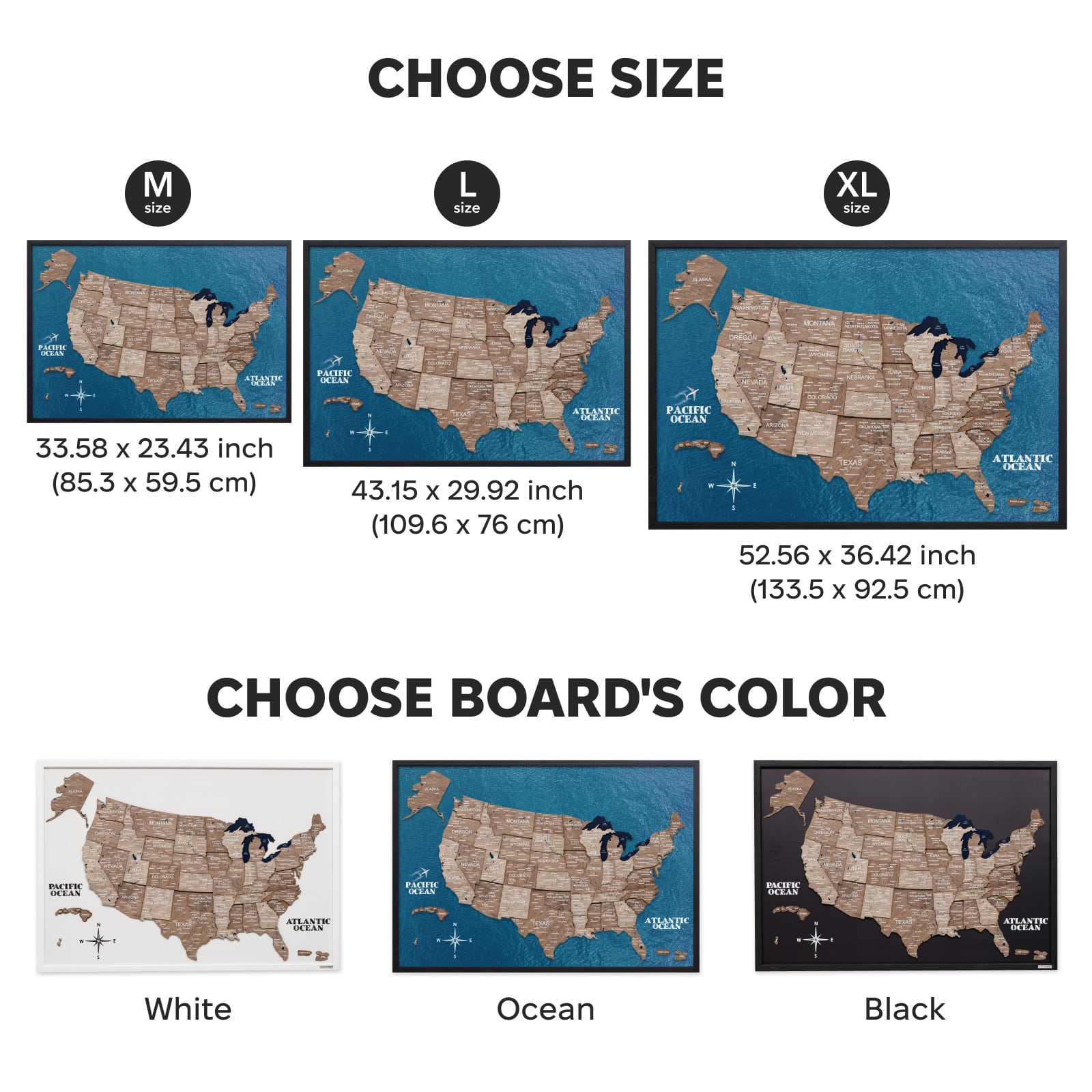 Map of the United States with size and color options displayed.