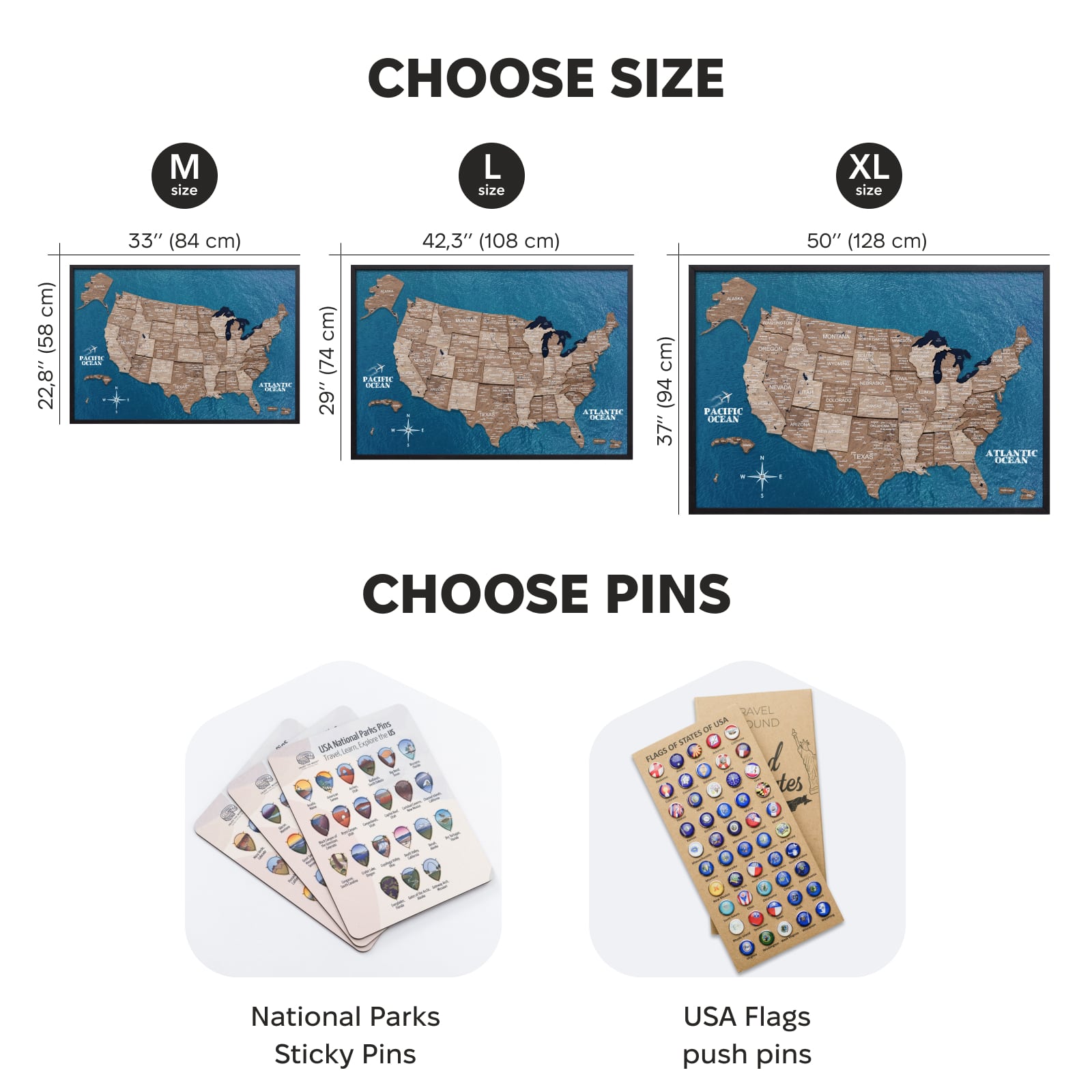 Map of the United States with options to choose size and type of pins for customization.