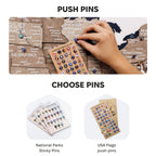 Push pins with options for national parks and USA flags on a map background.