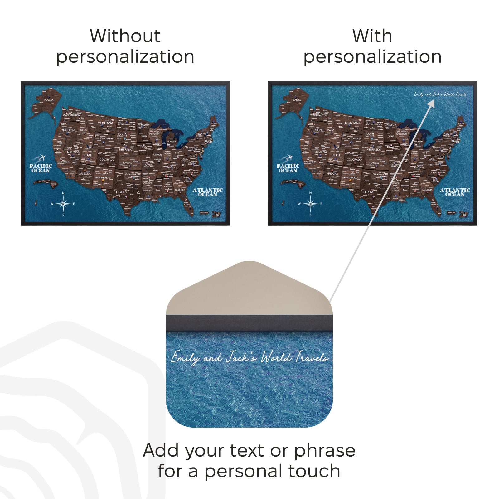 Comparison of a map without personalization and with personalized text, featuring a decorative envelope.