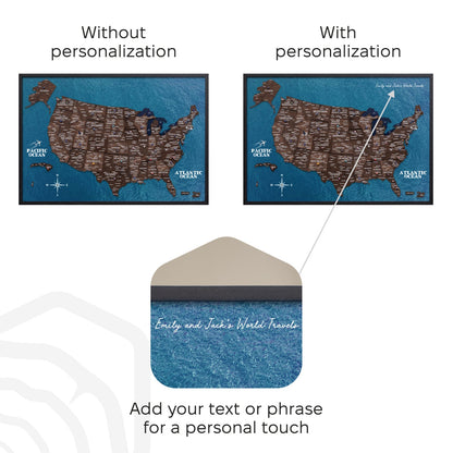 Comparison of a map without personalization and with personalized text, featuring a decorative envelope.