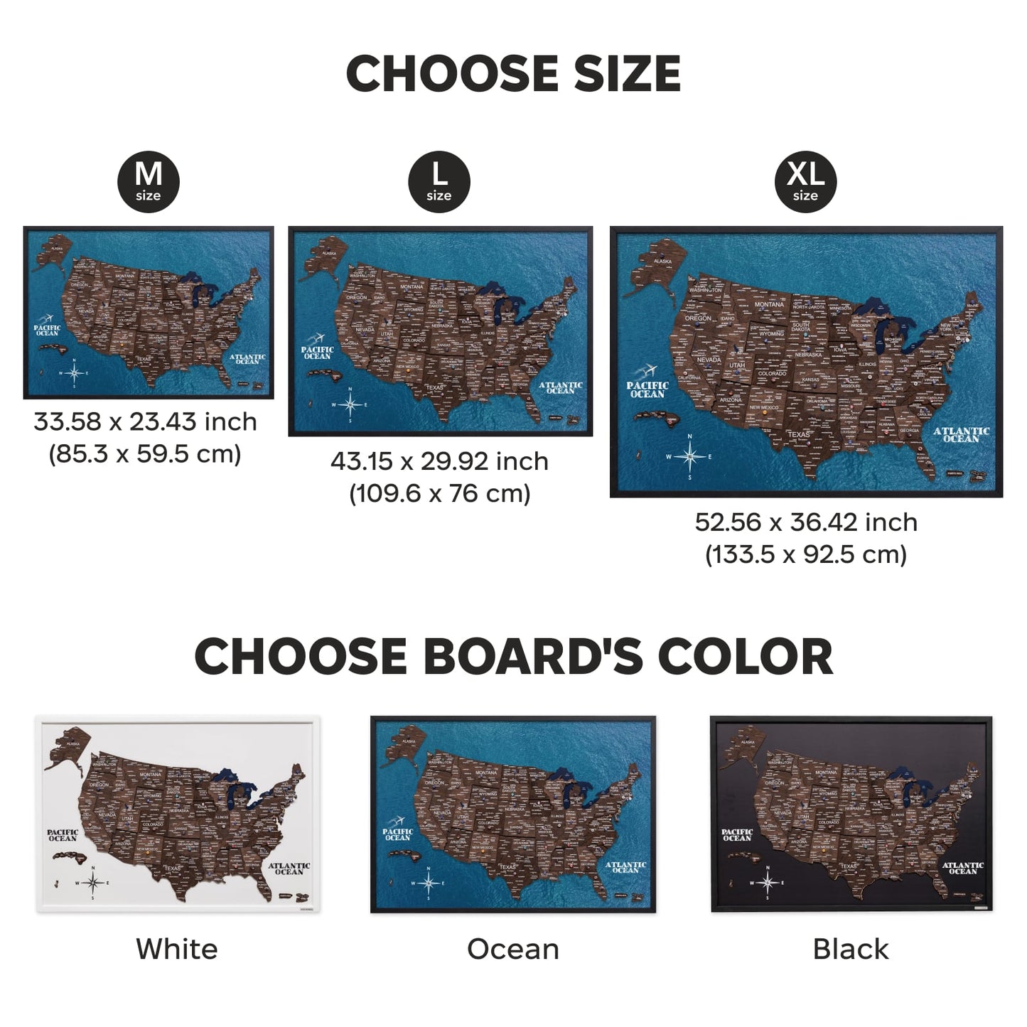 Map of the United States with size and color options displayed.