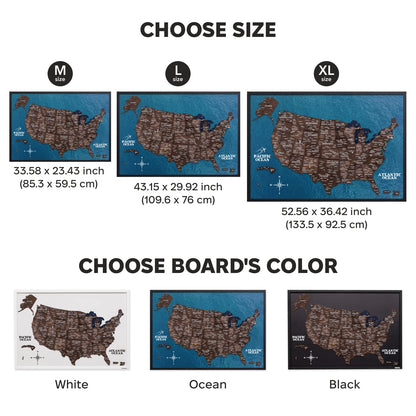 Map of the United States with size and color options displayed.