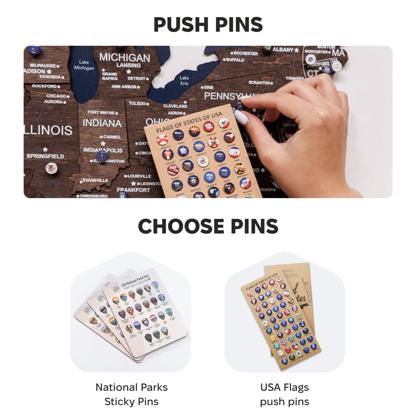 Display of push pins and sticky pins with a hand interacting with them, set against a white background.