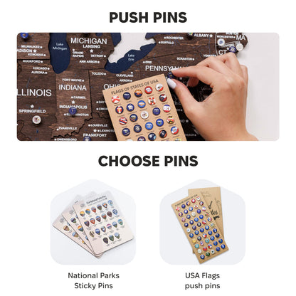 Display of push pins and sticky pins with a hand interacting with them, set against a white background.