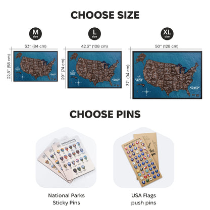 Map of the United States with size options and pin choices displayed.