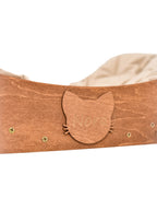 personalized curved floating cat shelf in oak color