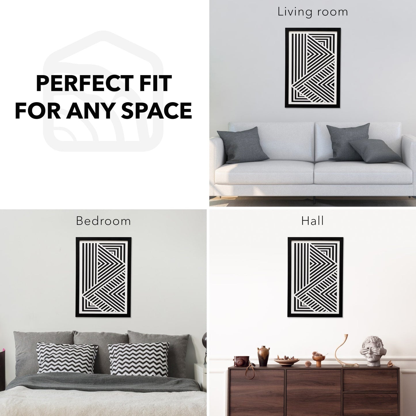 Collage of wall art in different rooms with text 'Perfect Fit for Any Space'.