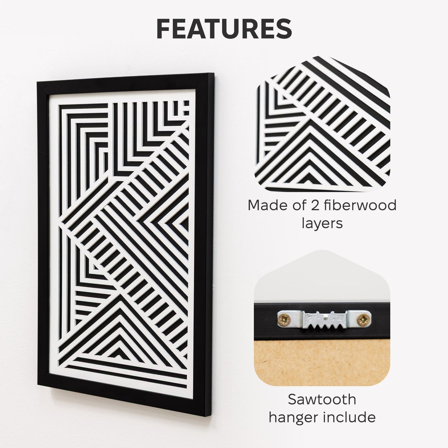 Decorative wall art with geometric pattern, fiberwood layers, and sawtooth hanger on a white background.