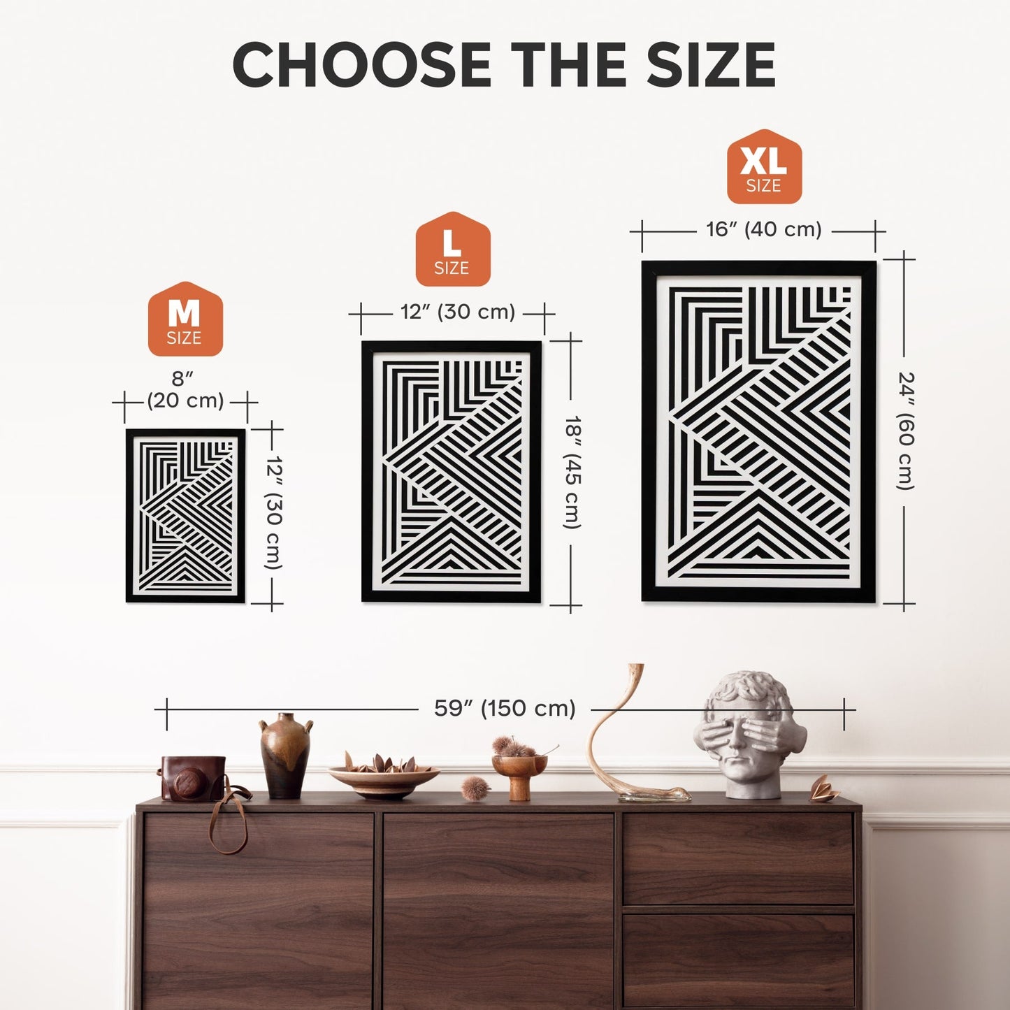 Size chart for wall art with dimensions displayed on a neutral background