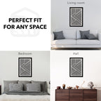 Black and white geometric wall art displayed in various rooms.