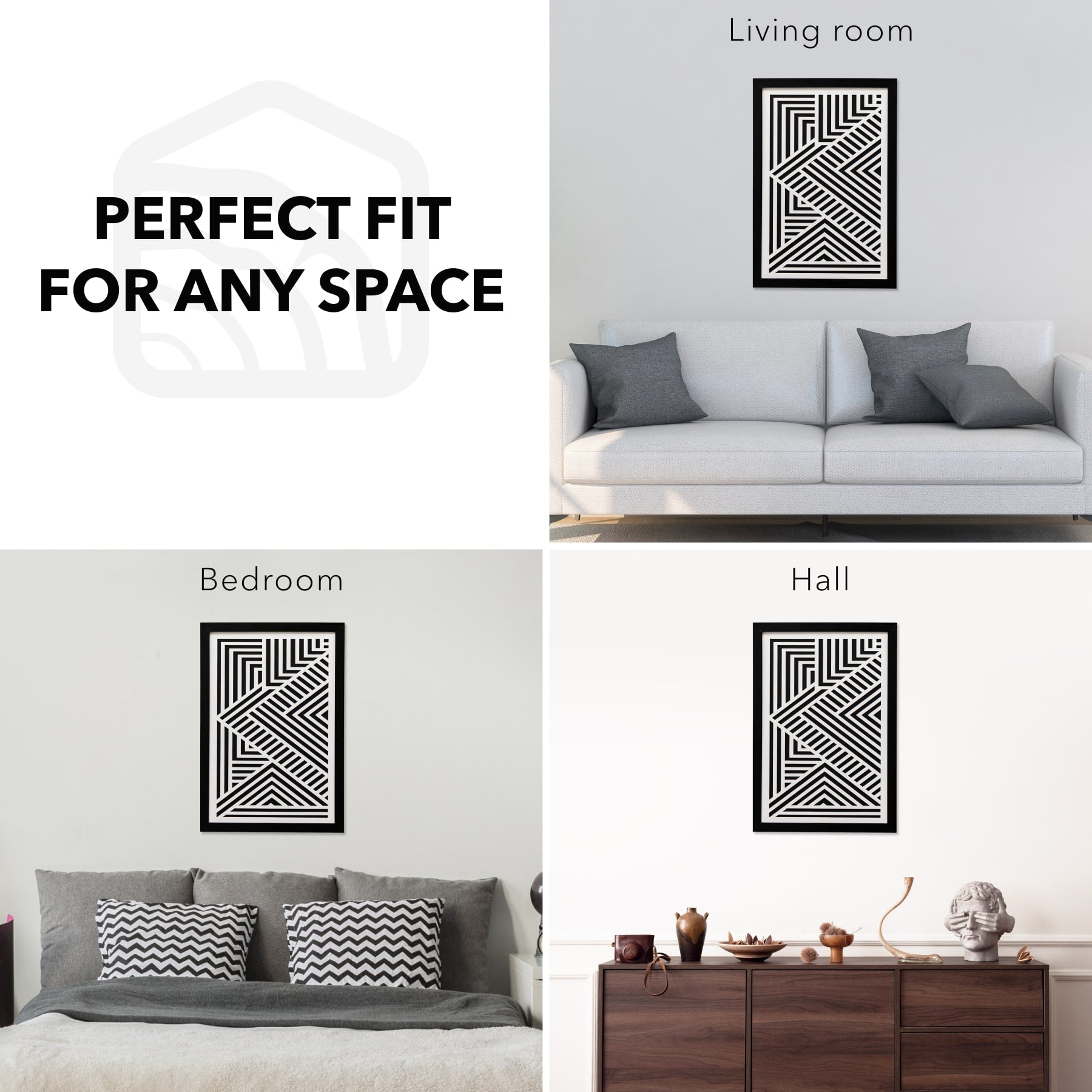 Black and white geometric wall art displayed in various rooms.