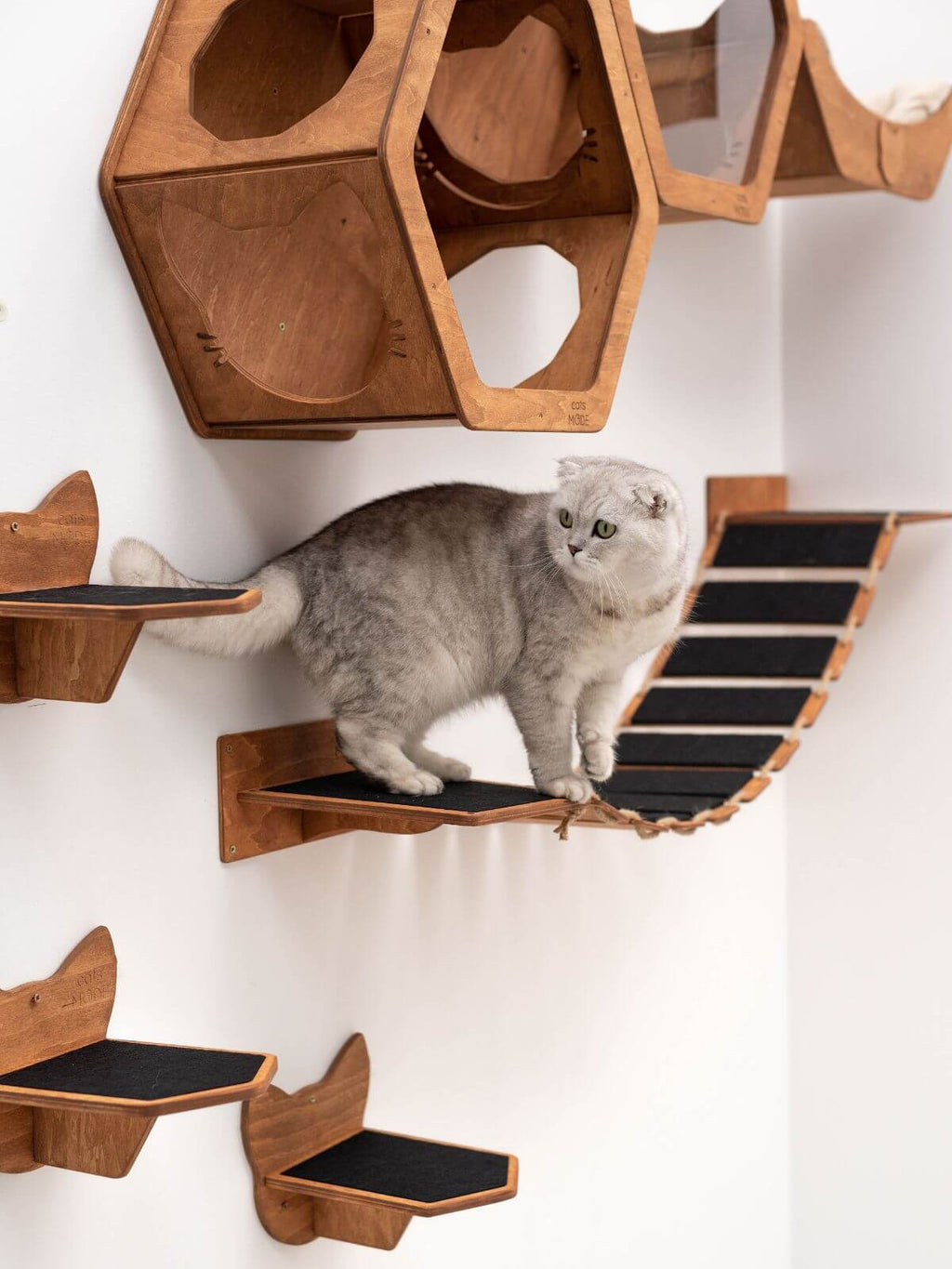 cat wall rope bridge in oak color made from wood